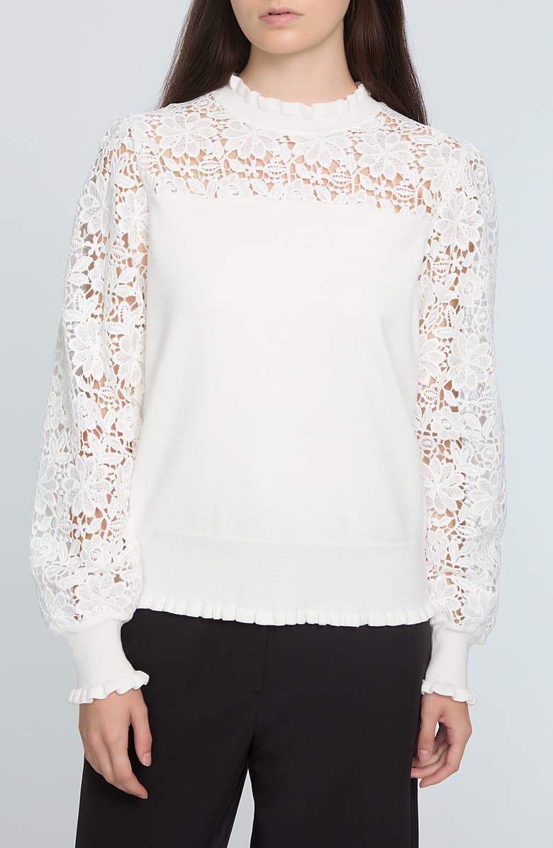 Elie Tahari The Felicity Floral Lace Detail Sweater, Main, color, Sky White