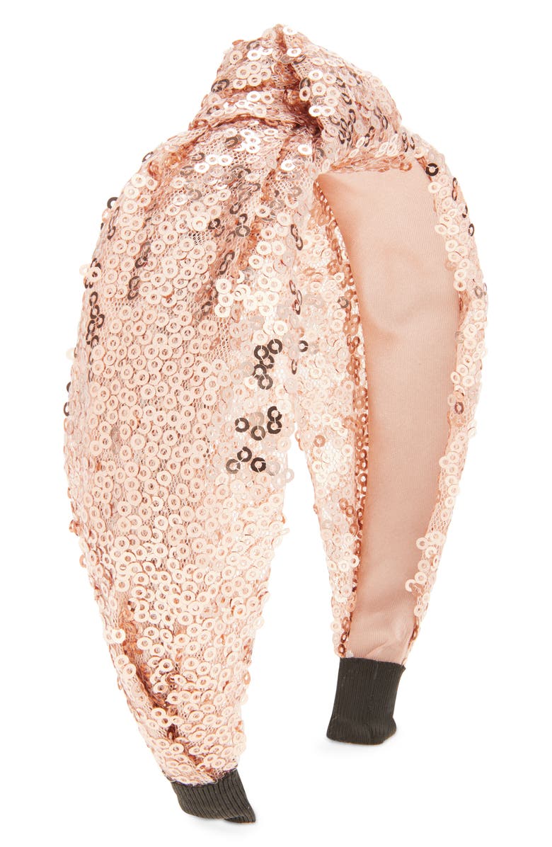 Cara Sequin Knot Headband, Main, color, Champagne