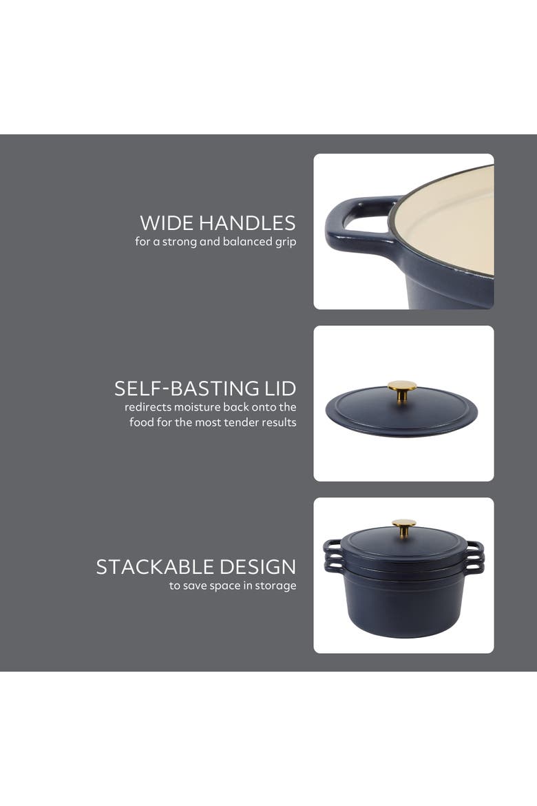 4-Piece Enameled Cast Iron Stackable Cookware Set Dutch Oven with Lid, Braiser and Grill Pan, Alternate, color, Navy Blue