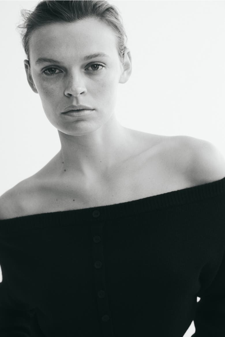 Bouclé-Knit Off-The-Shoulder Cardigan, Alternate, color, Black