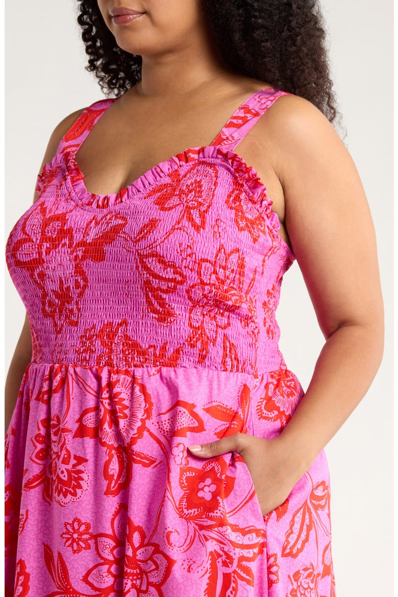 Weirly Floral Smocked Bodice Cotton Maxi Sundress, Alternate, color, PINK-RED-MULTI