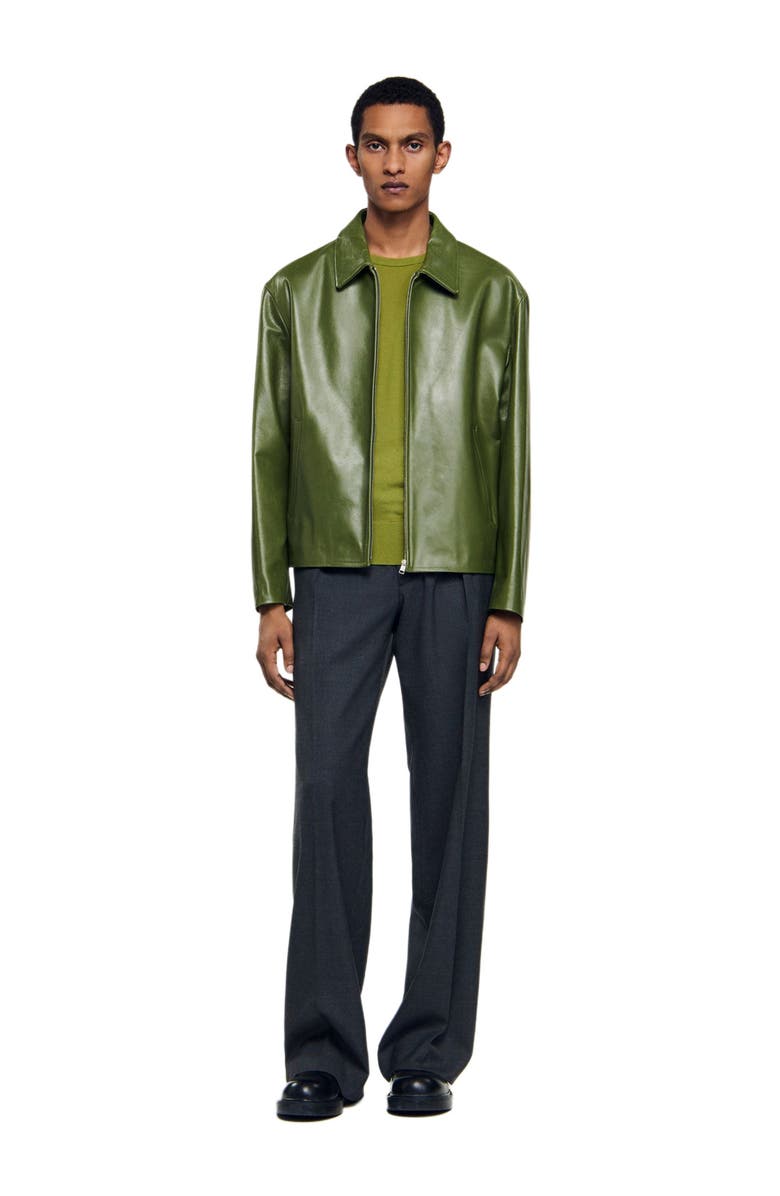SANDRO Zip-up wing collar leather jacket, Alternate, color, Lime