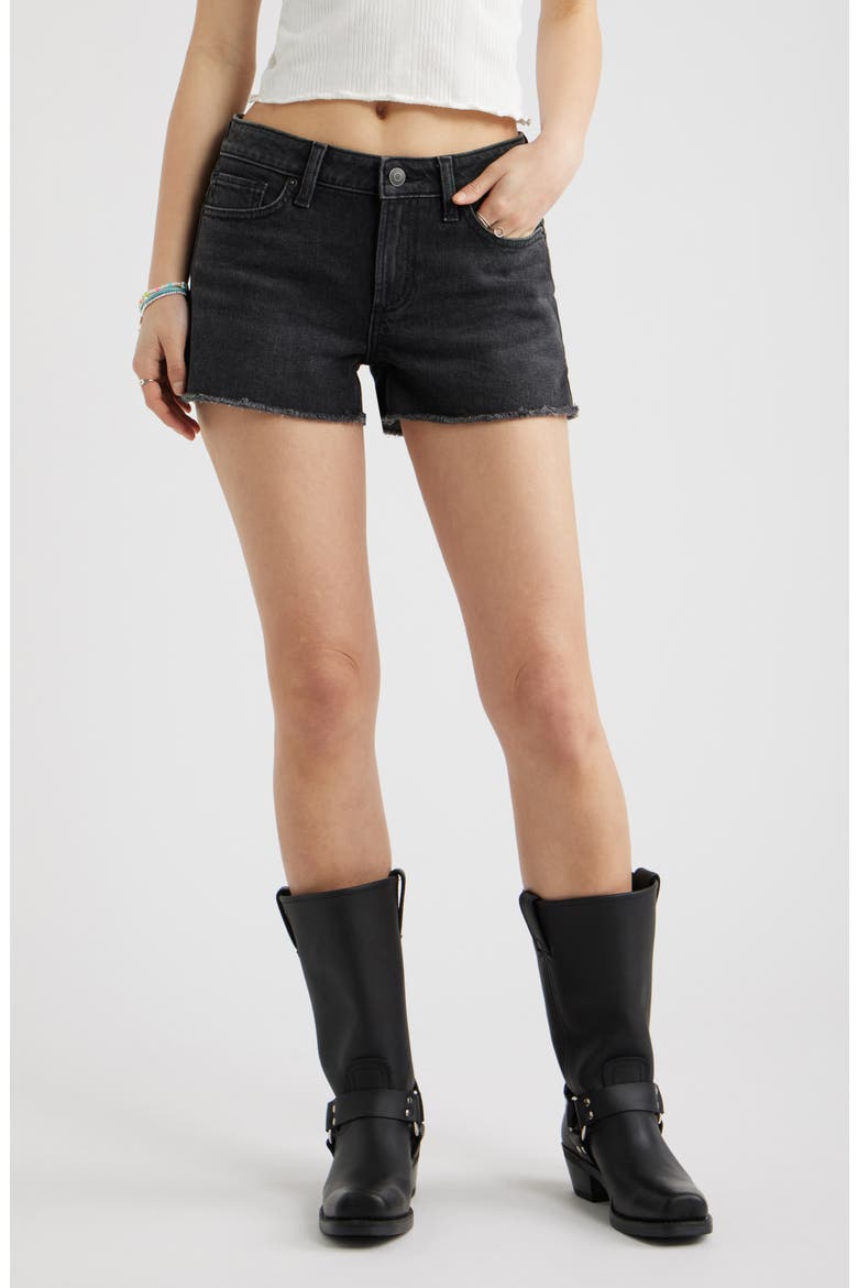 Festival Low Rise Stretch Denim Cutoff Shorts, Main, color, WASHED BLACK