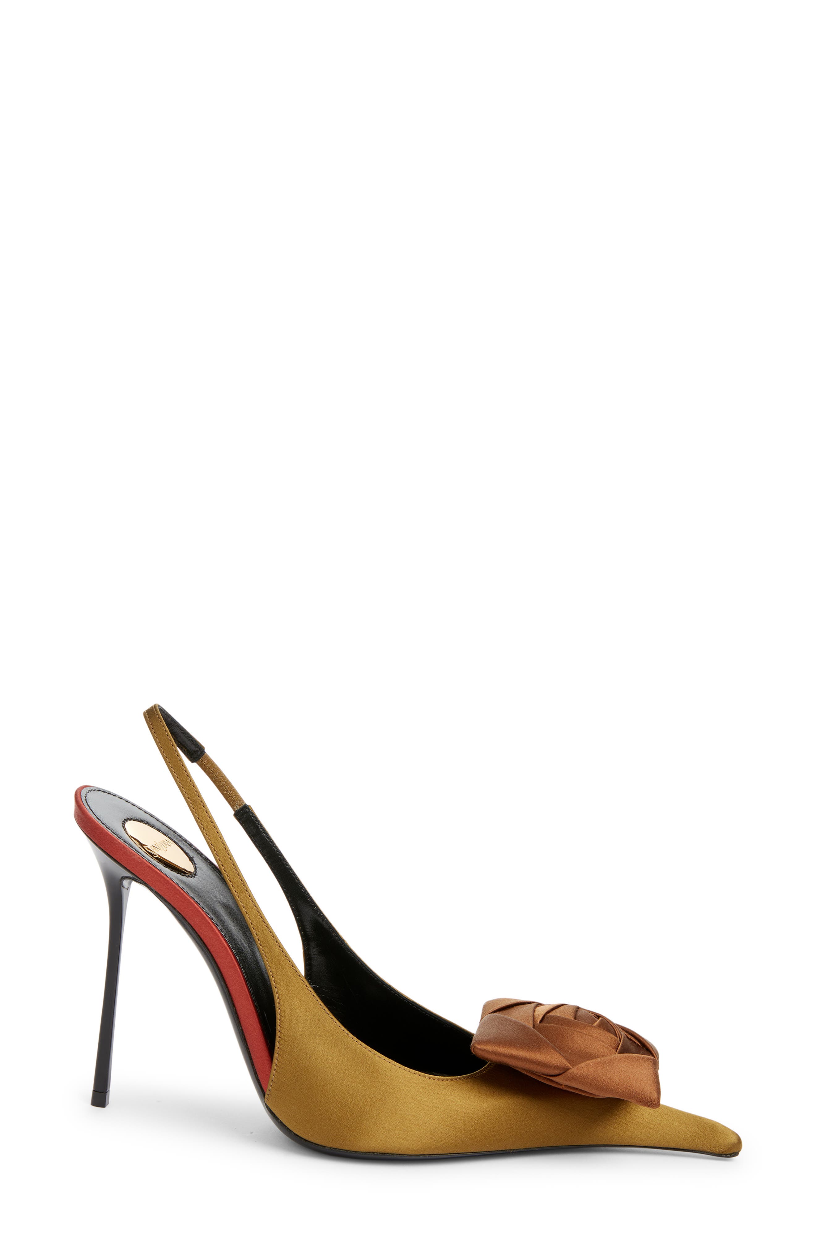 Saint Laurent Amalia Square Rose Pointed Toe Slingback Sandal, Alternate, color, Cuba Gold/ Deep Cognac