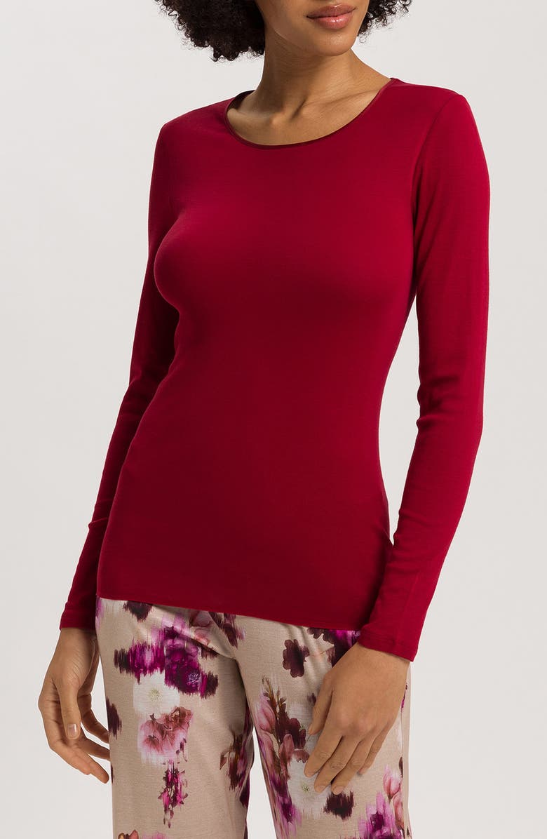 Hanro Seamless Long Sleeve Cotton Top, Main, color, Red Dahlia