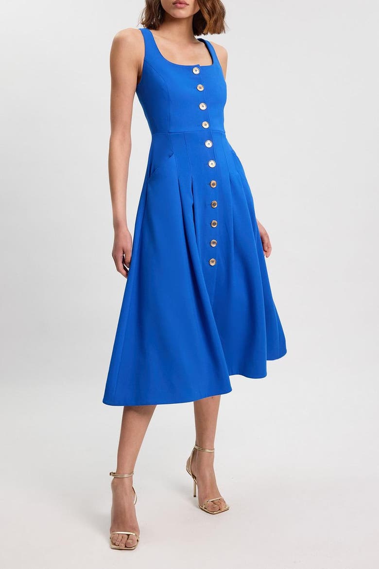 Square Neck Button-Front Midi Dress, Alternate, color, Cobalt