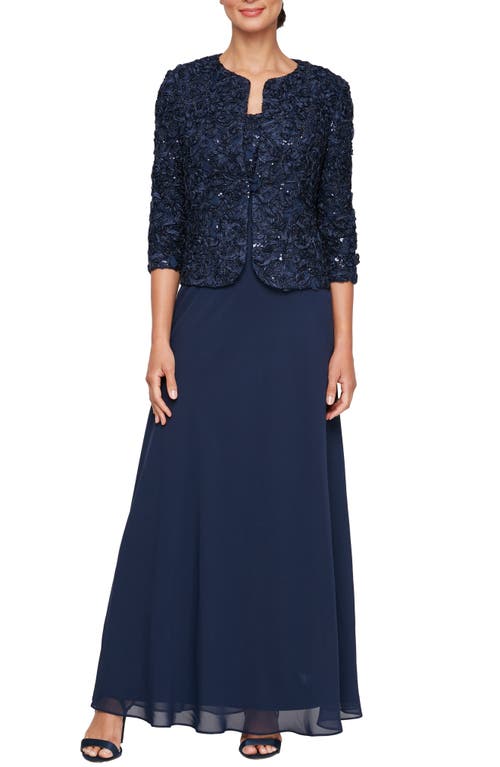 Alex Evenings Sequin Soutache Lace Empire Waist Chiffon Gown With Jacket In Blue