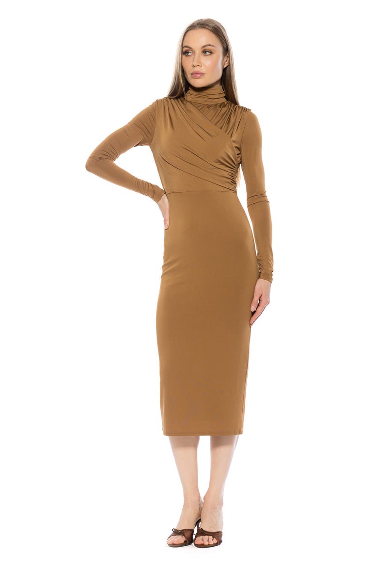 Elio Draped Bodice Midi Sheath Dress, Alternate, color, ALMOND
