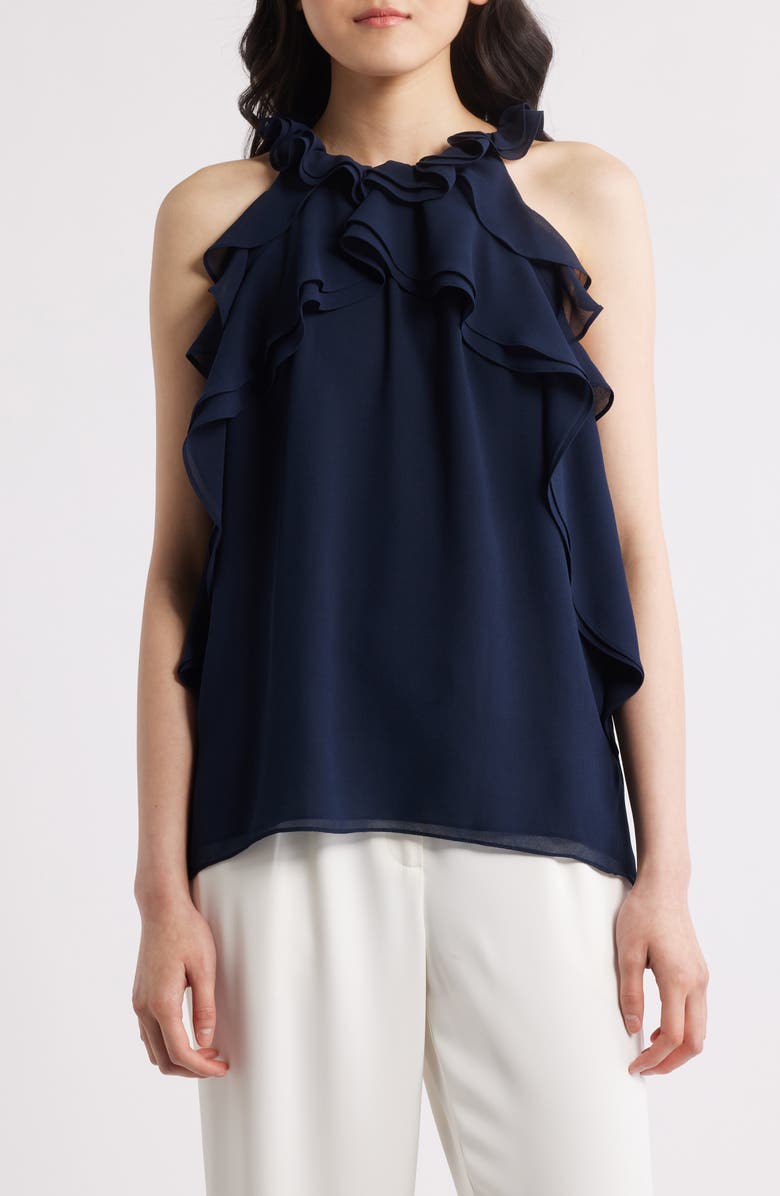 KOBI HALPERIN Ruffle Sleeveless Top, Main, color, Navy