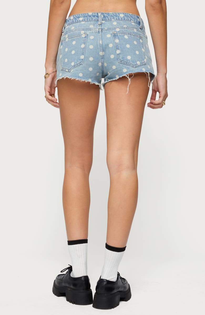 EDIKTED Josie Polka Dot Cutoff Denim Shorts, Alternate, color, Blue-Washed