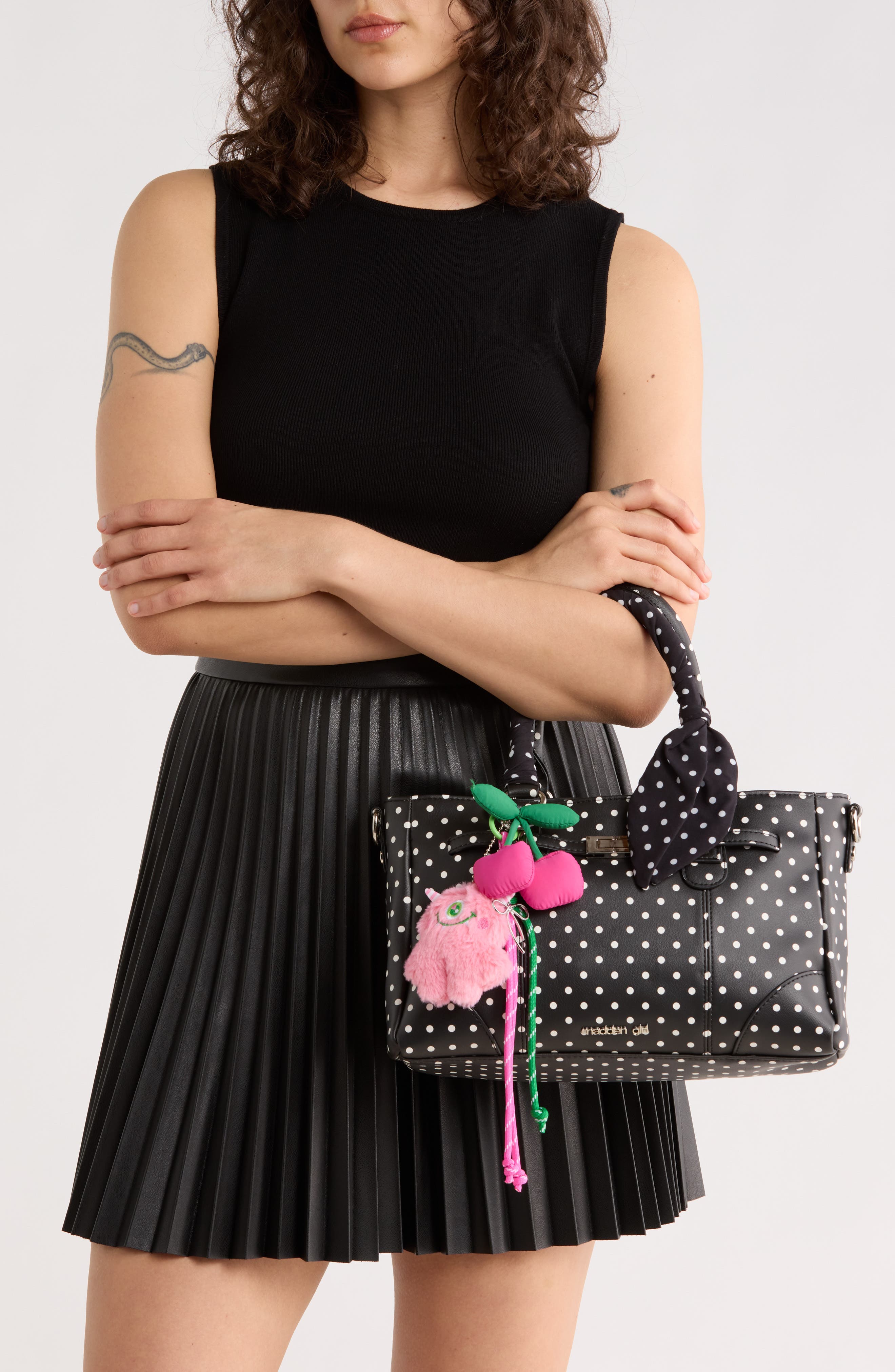Madden Girl Charm Polka Dot Satchel Bag, Alternate, color, Black Polka Dots