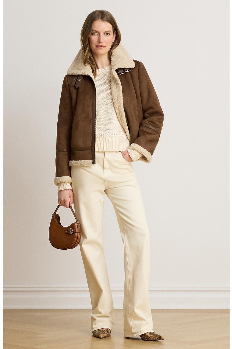 Faux Fur Trim Zip Front Jacket, Alternate, color, TABACCO