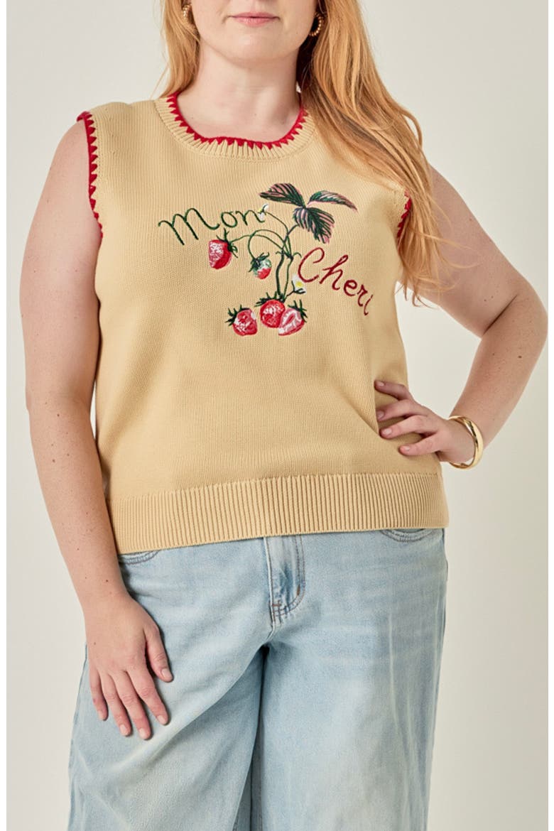 Strawberry Stitch Detail Vest, Main, color, BEIGE/ RED MULTI