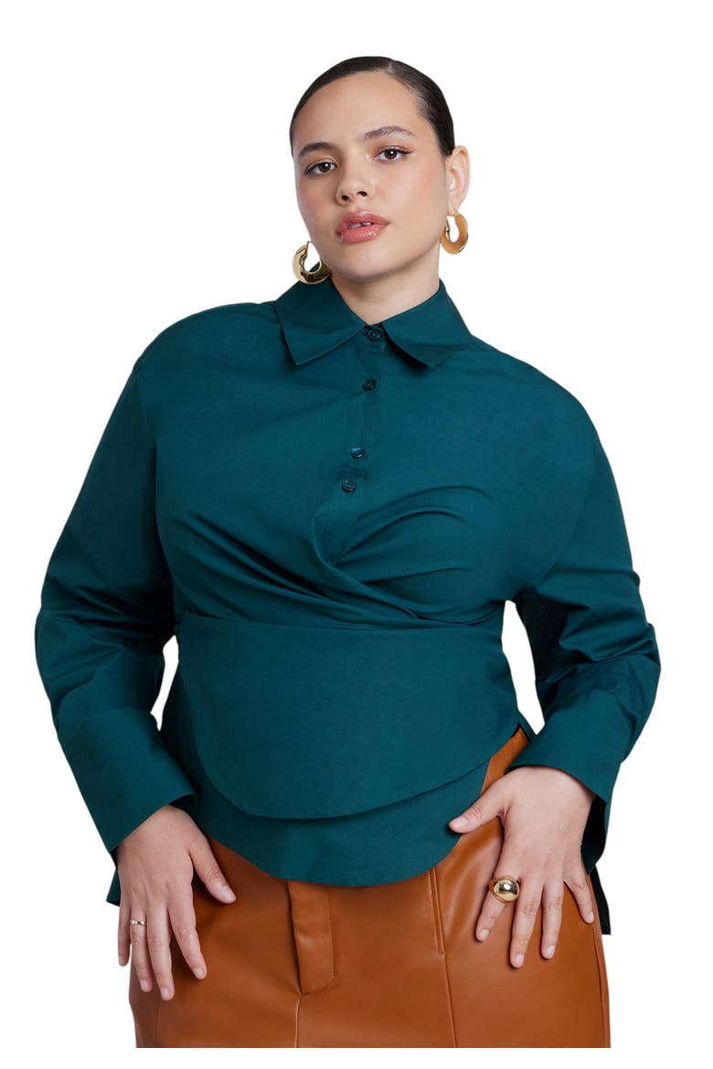 Poplin Collared Wrap Top, Main, color, DEEP TEAL