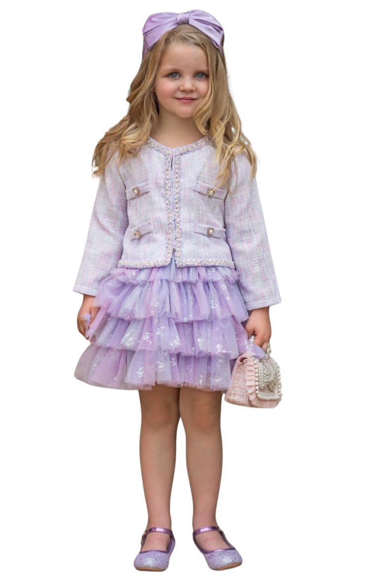 Girls Twirl In Lilacs Tweed Blazer and Tutu Skirt Set, Main, color, Purple