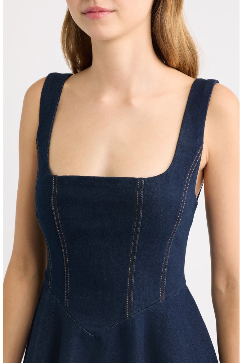 Square Neck Cotton Blend Denim Midi Dress, Alternate, color, DARK BLUE