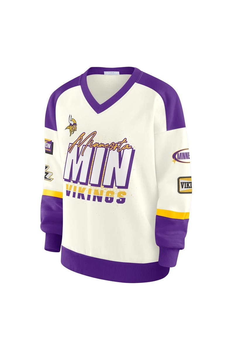 WEAR by Erin Andrews Women's WEAR by Erin Andrews  Cream Minnesota Vikings Racing Crew V-Neck Sweatshirt, Alternate, color, Cream