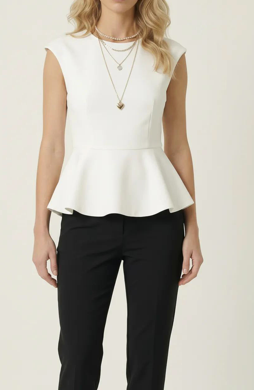 Modenaire Structured Cap Sleeve Peplum Top In White
