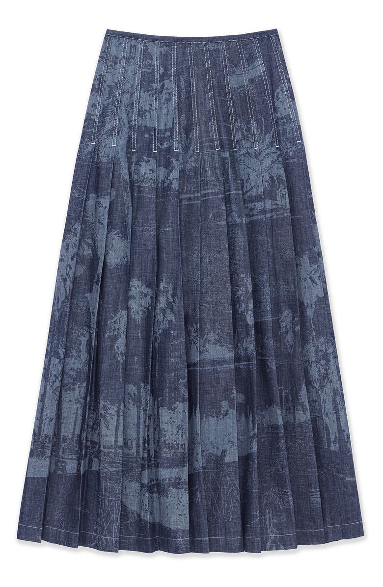 Lafayette 148 New York Landscape Print Pleated Nonstretch Denim Skirt, Alternate, color,