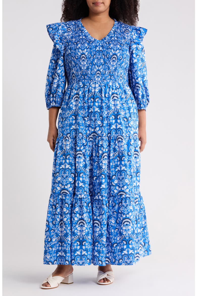 Lulu Floral Brighton Smocked Maxi Dress, Main, color, LIGHT-BLUE-WHITE