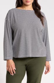 Eileen Fisher Striped Bateau Neck Boxy Organic Cotton Top