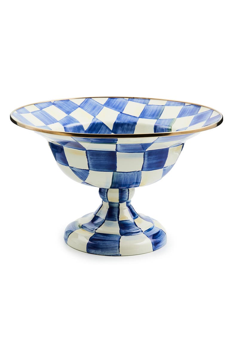 MACKENZIE CHILDS Royal Check Enameled Steel Large Compote, Main, color, Blue/ White
