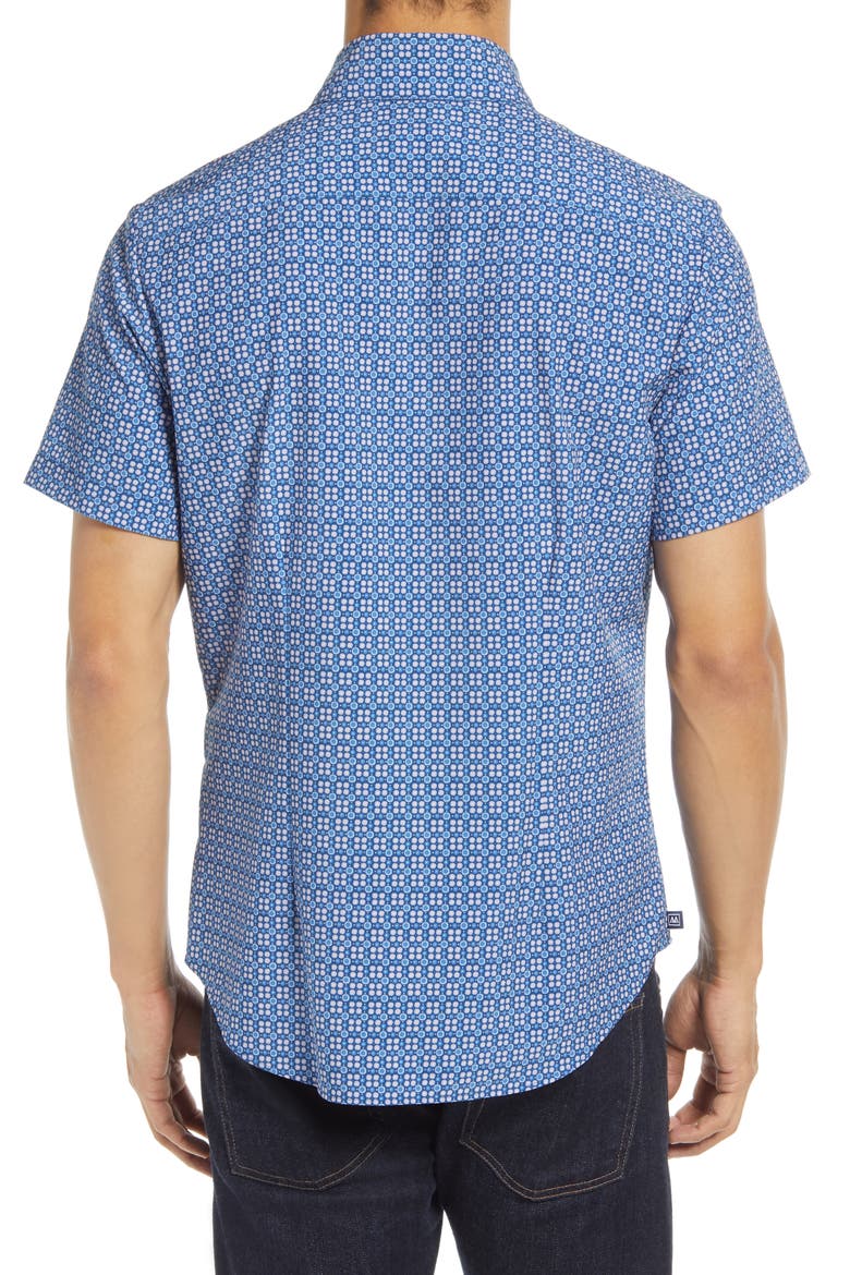 Trim Fit Short Sleeve Button-Up Performance Shirt, Alternate, color, BLUE CORAL CIRCLE GEO PRINT