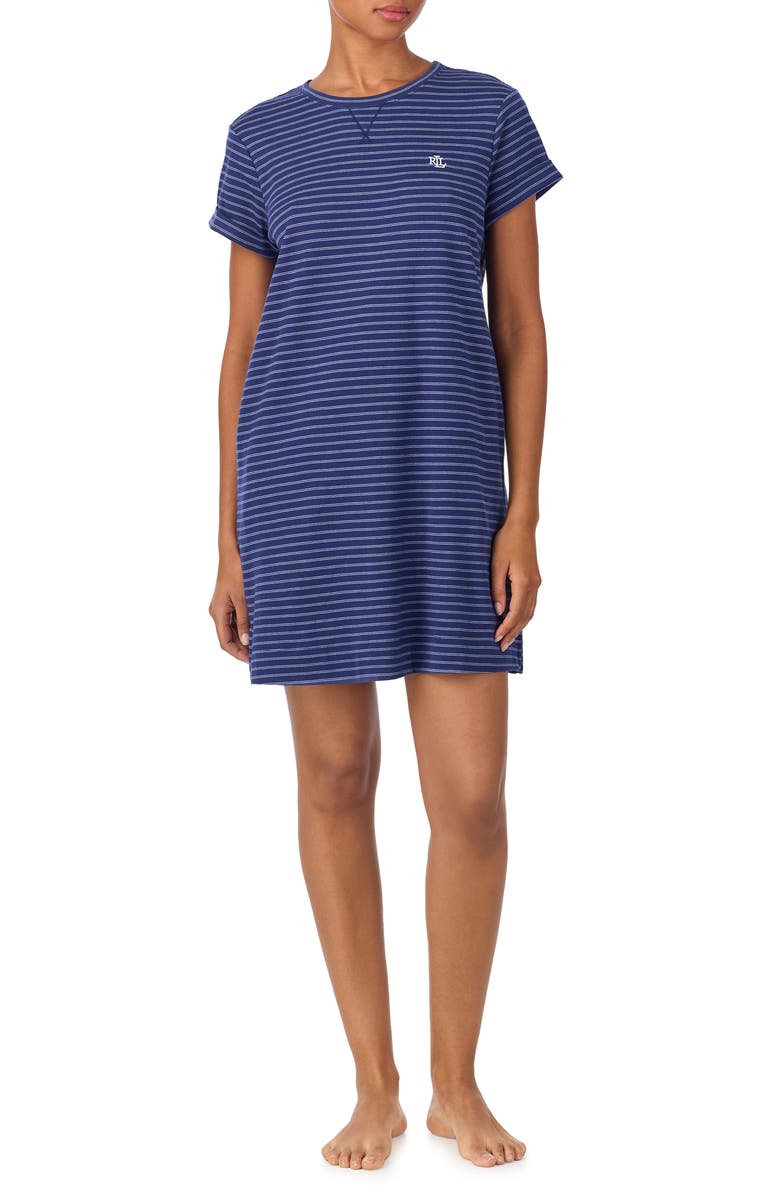 Lauren Ralph Lauren Print Short Sleeve Sleep Shirt, Main, color, Navy Stripe