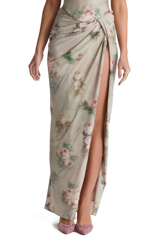 HOUSE OF CB Vesper Gathered Side Slit Skirt in Print 2 Flower Cream 