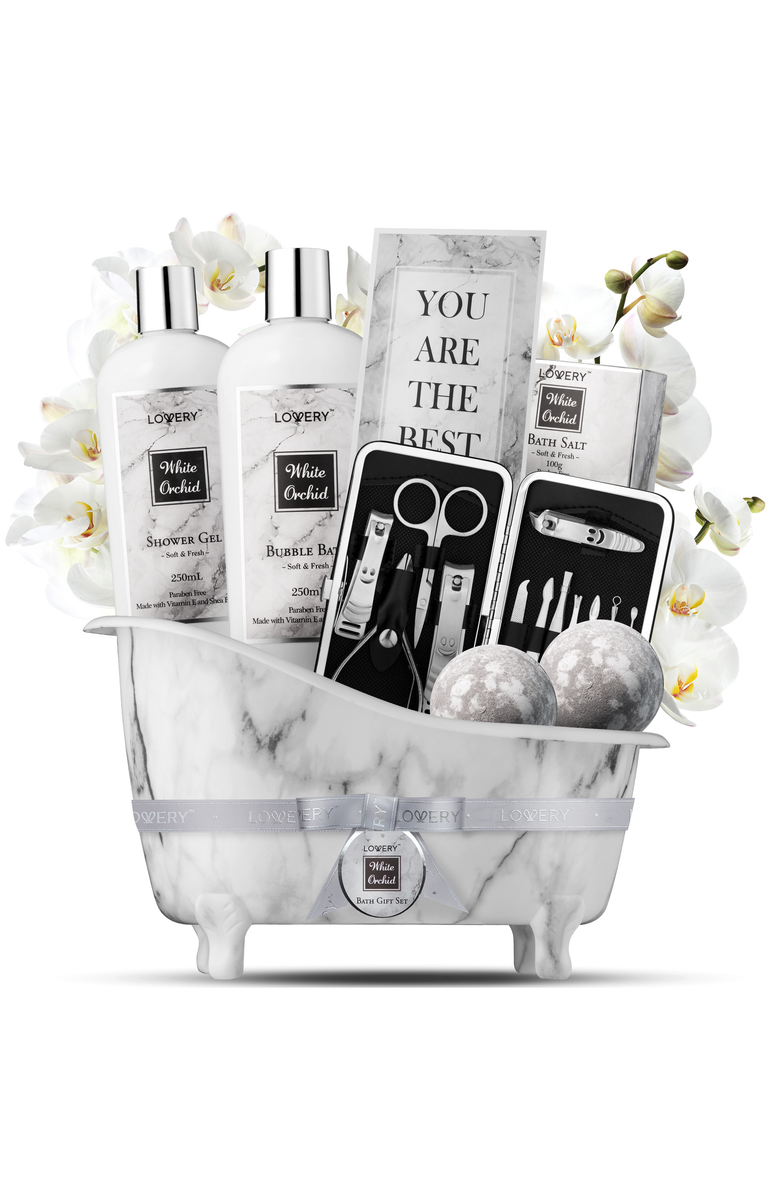 Lovery Spa Gifts - Bath & Body Gift Set - Orchid Self Care Gift Basket in Marble Tub, Main, color, 