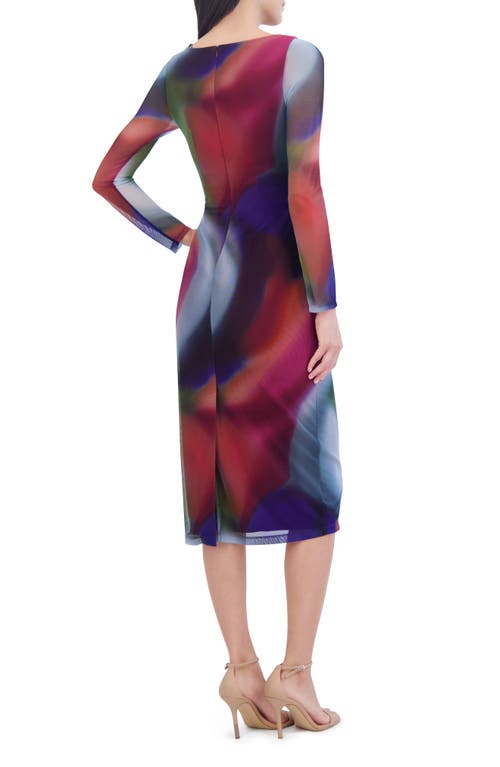 Vince Camuto Ruched Long Sleeve Mesh Midi Dress In Multi