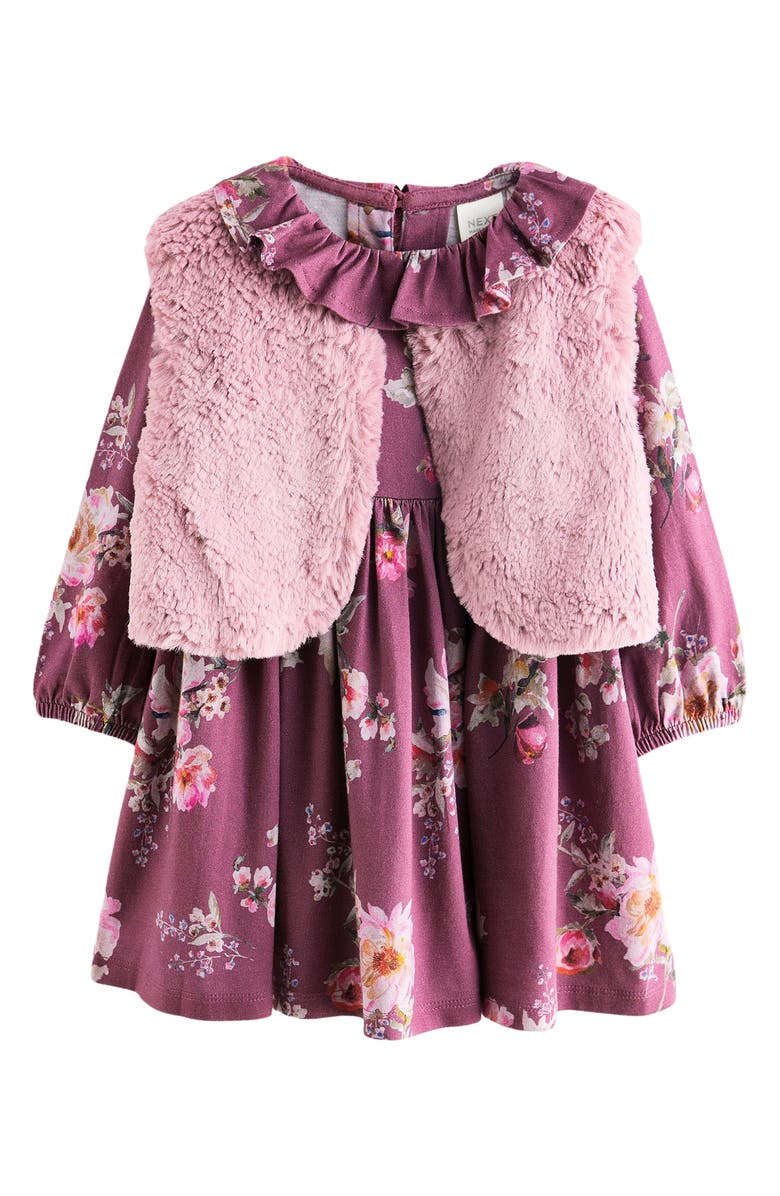 NEXT Kids' Floral Dress, Faux Fur Vest & Tights Set, Alternate, color, 
