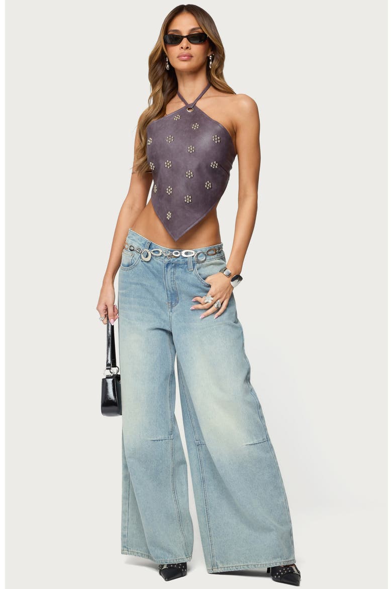 Shila Studded Faux Leather Halter Top, Alternate, color, PURPLE