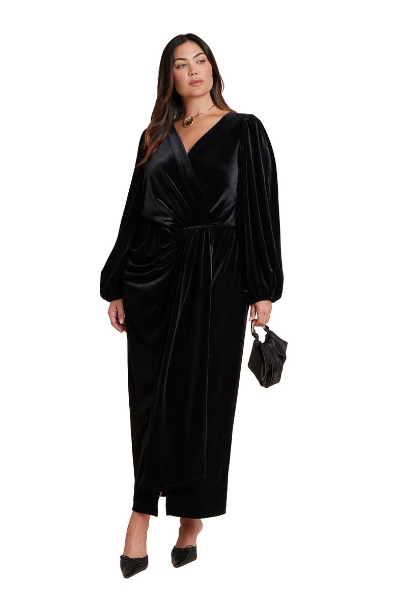 ELOQUII Velvet Puff Sleeve Pleated Dress, Main, color, Black Onyx