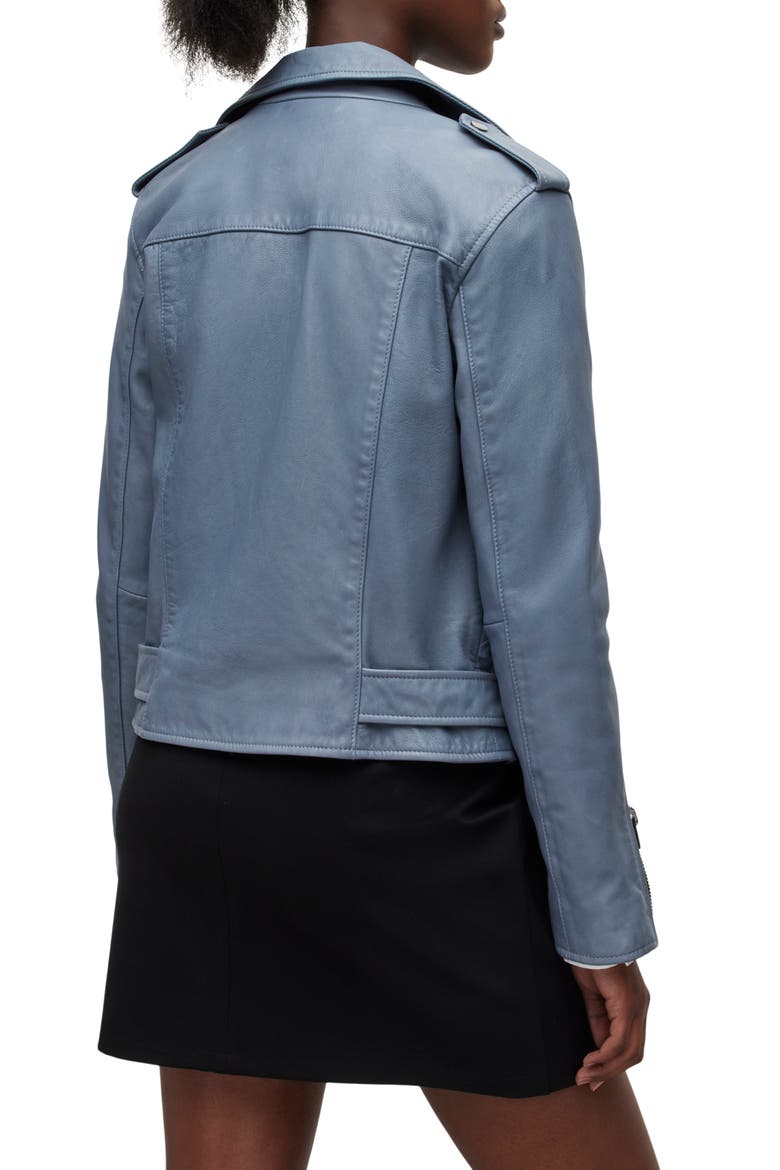 Women's Belted Crop Leather Moto Jacket, Alternate, color, FLINT BLUE