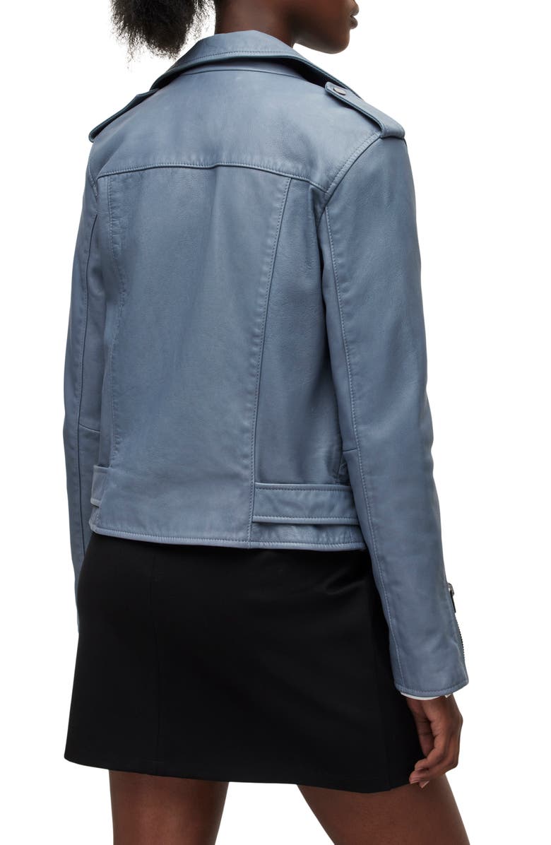 AllSaints Women's Belted Crop Leather Moto Jacket, Alternate, color, Flint Blue