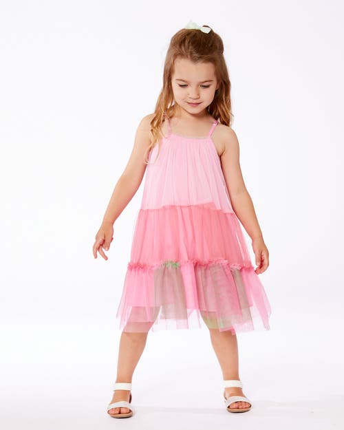 Deux Par Deux Little Girl's Sleeveless Color Block Tulle Dress Pink And Green In Pink And Green