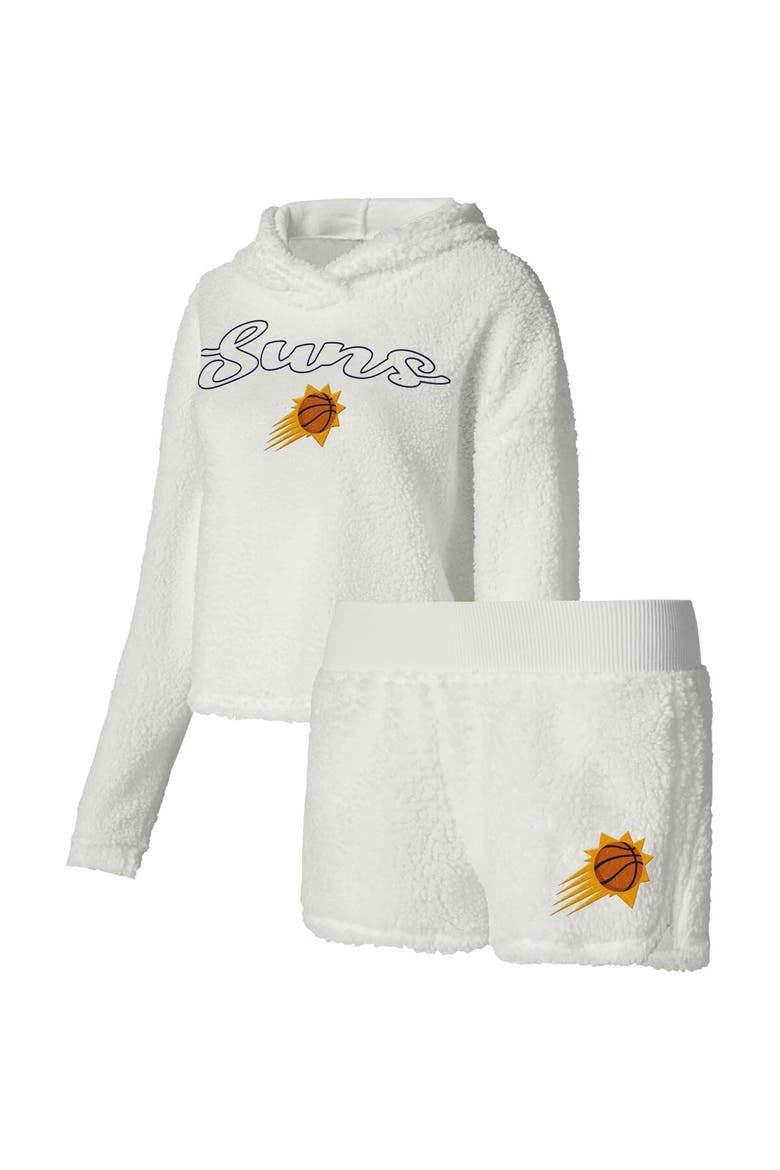 Women's College Concepts Cream Phoenix Suns Fluffy Long Sleeve Hoodie T-Shirt & Shorts Sleep Set, Main, color, White