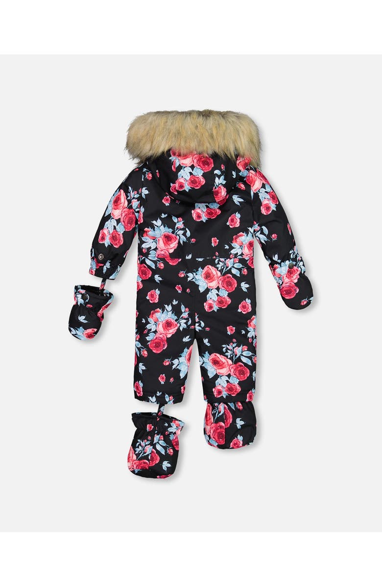 Deux par Deux Baby Girl's One Piece Baby Snowsuit Black Printed Roses Designed For Car Seat, Alternate, color,