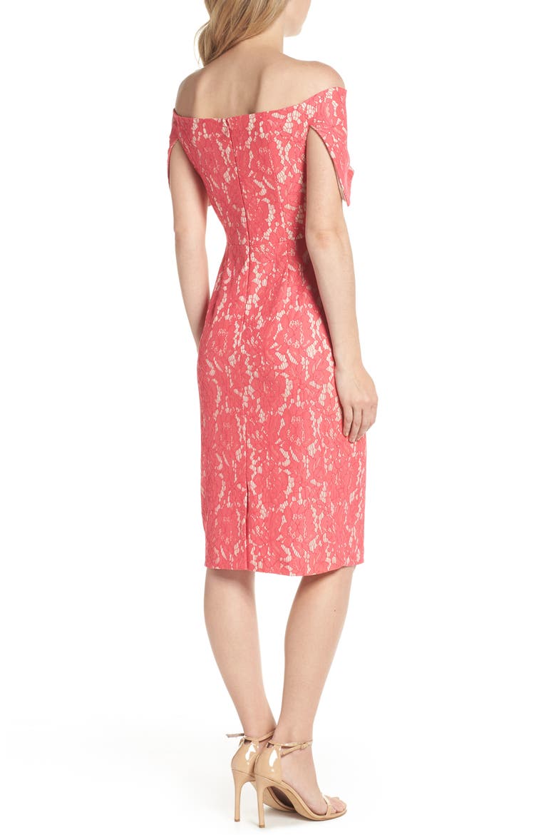 Off the Shoulder Lace Sheath Dress, Alternate, color, FUCHSIA