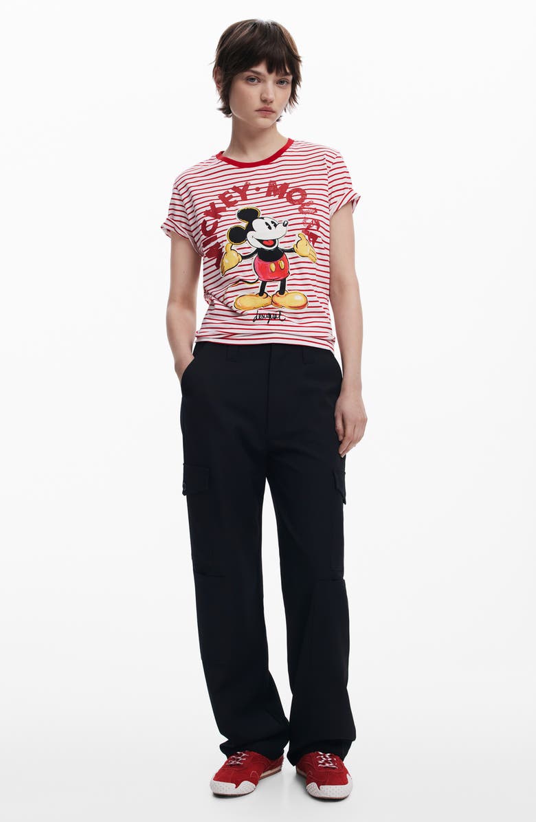 Desigual Mickey Mouse Striped Ringer Graphic T-Shirt, Alternate, color, Red