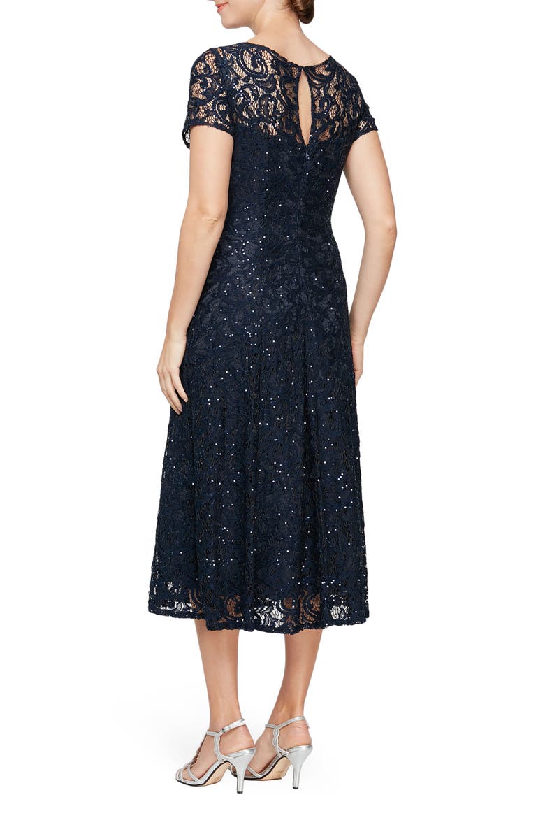 Cap Sleeve Metallic Lace Dress, Alternate, color, NAVY