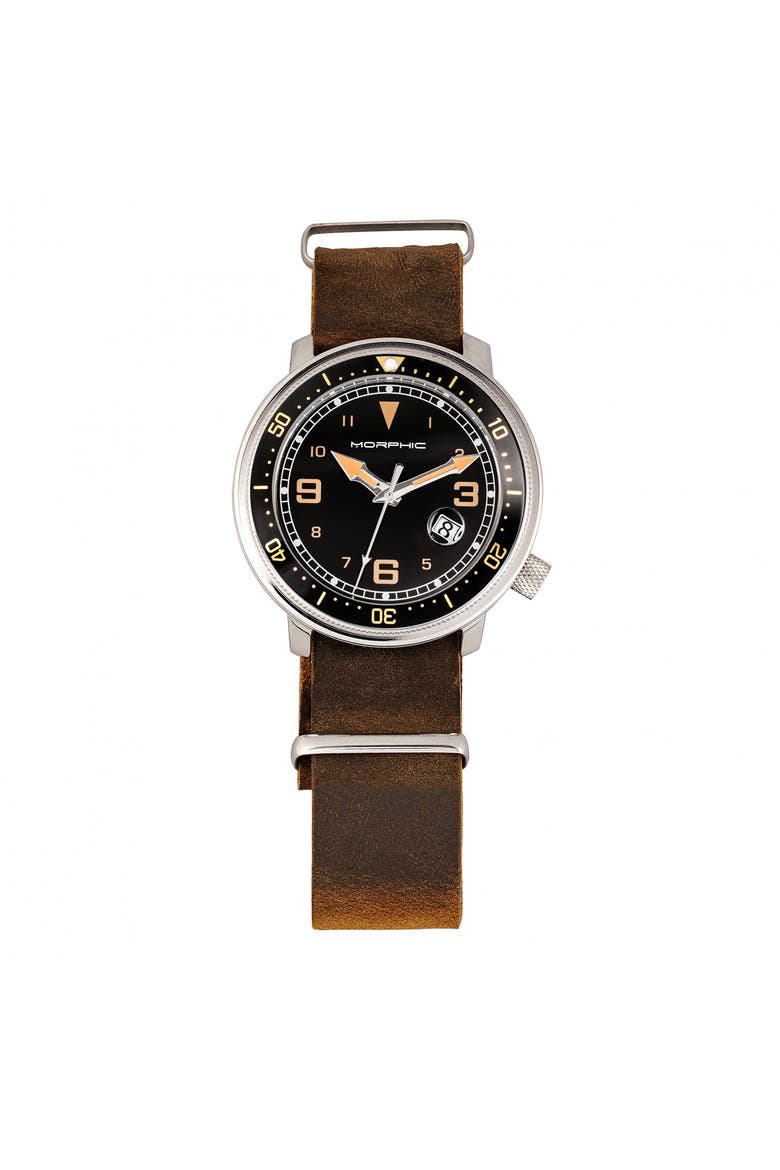 M74 Series Leather-Band Watch w/Magnified Date Display, Main, color, Brown/Black & Gold/Black