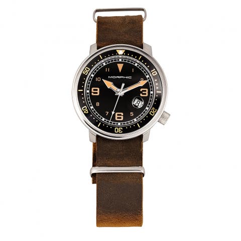M74 Series Leather-Band Watch w/Magnified Date Display