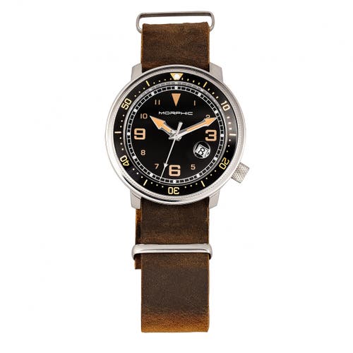 Morphic M74 Series Leather-band Watch W/magnified Date Display In Brown/black & Gold/black
