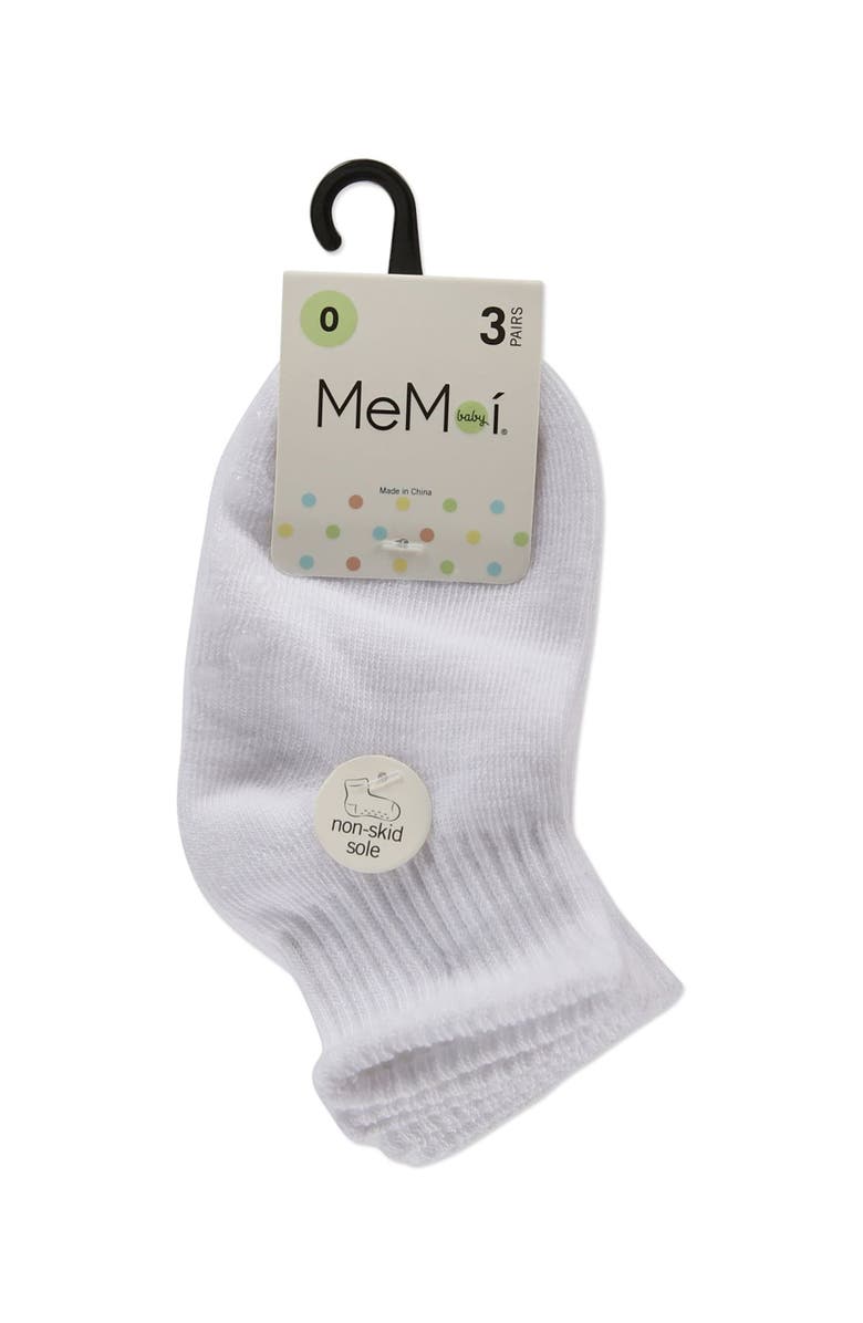 MeMoi 3 Pairs Infant Ribbed Non-Skid Ankle Socks, Alternate, color, White-White-White