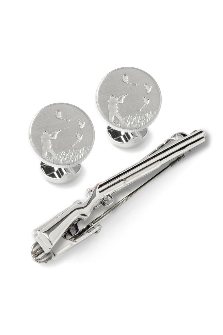 Hunters Cuff Links & Tie Clip Gift Set, Main, color, SILVER MULTI