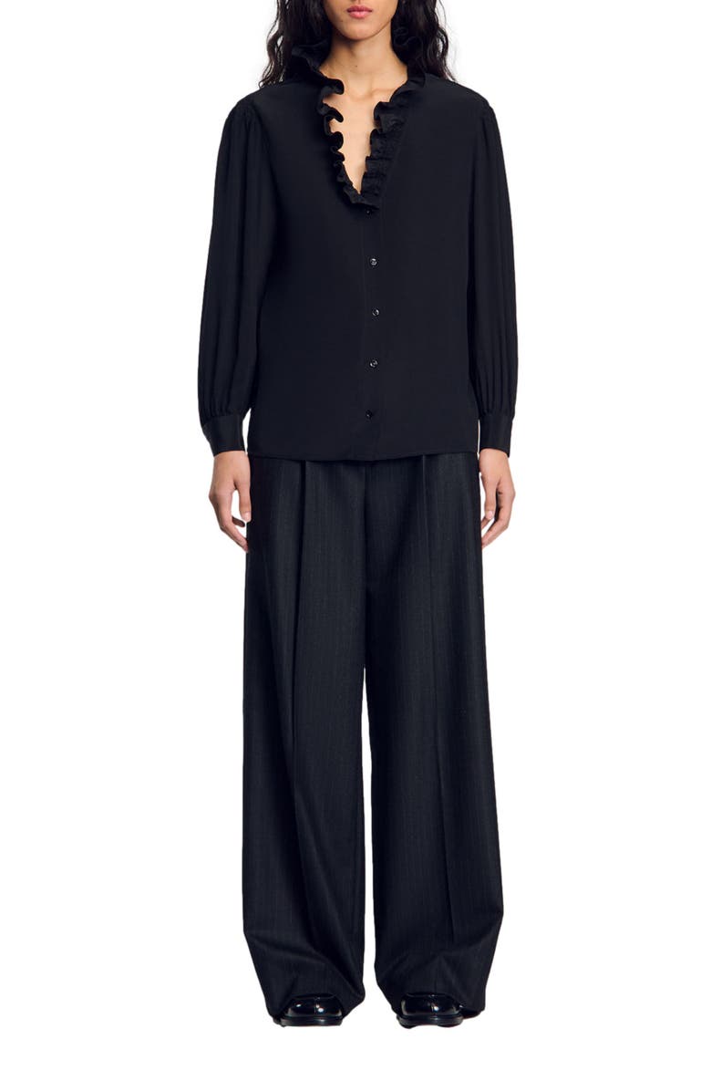SANDRO Floaty silk shirt, Alternate, color, Black
