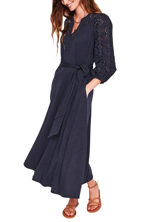 BODEN BODEN EYELET TIE WAIST LONG SLEEVE JERSEY MAXI DRESS