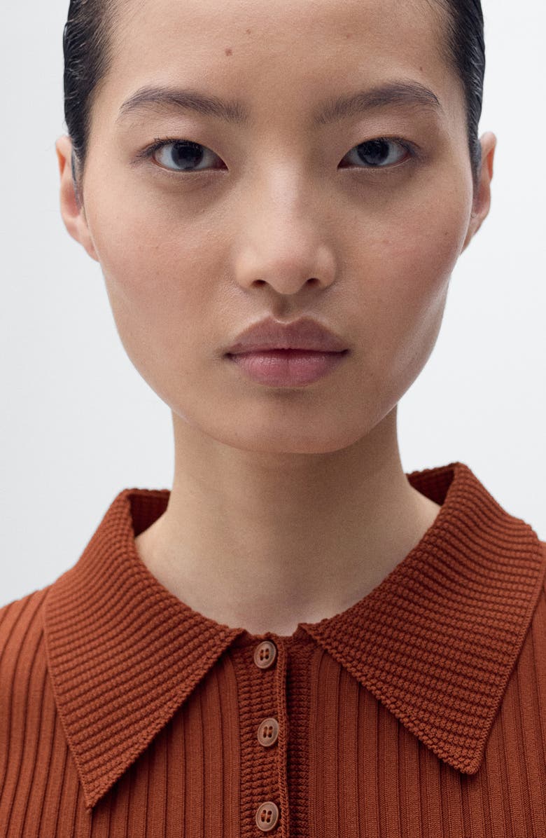 MANGO Rib Short Sleeve Polo Sweater, Alternate, color, Russet